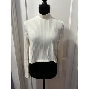 H&M White Ribbed Cropped Long Sleeve Turtleneck Top in S